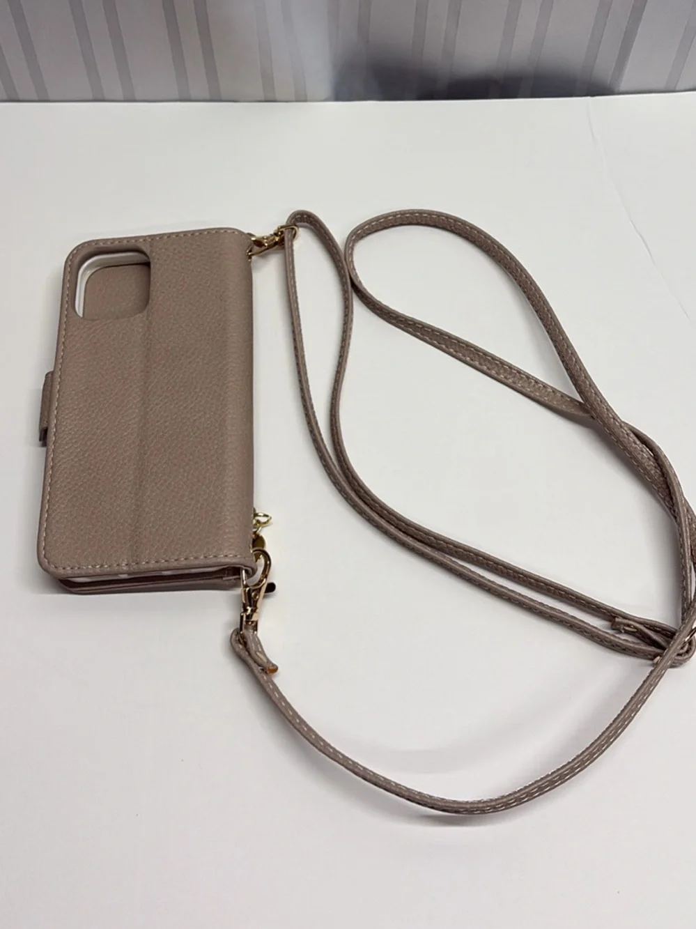 Pebbled Taupe Crossbody Phone Wallet with Strap